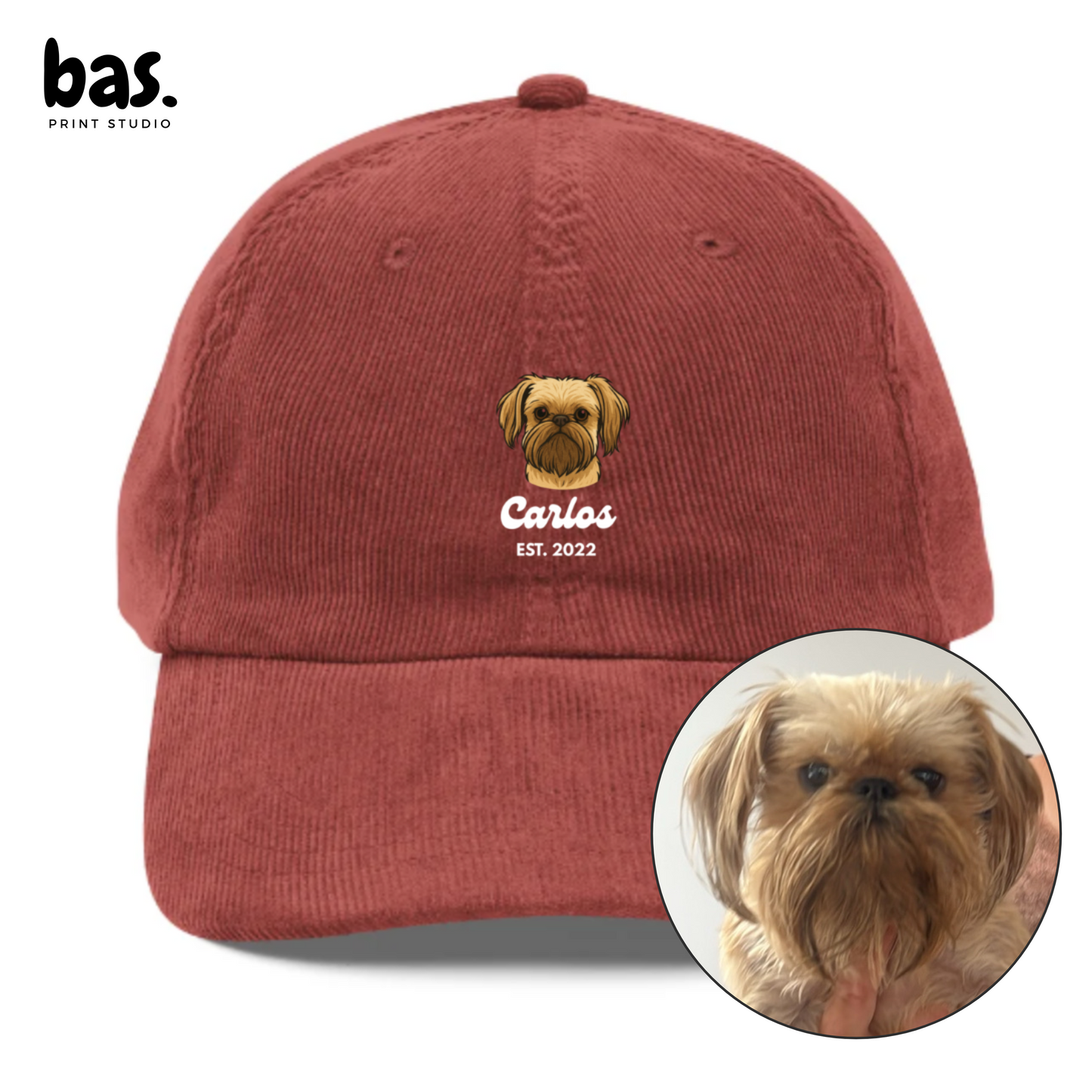 Custom Pet Portrait Embroidered Corduroy Cap - Personalized Pet Hat